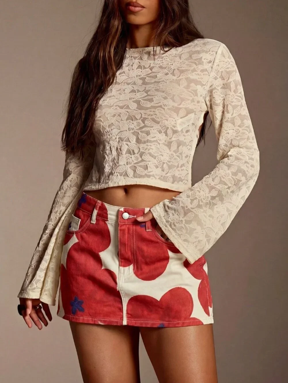 Red Casual Women's Sexy Floral Print Button Pocket Denim Mini Skirt